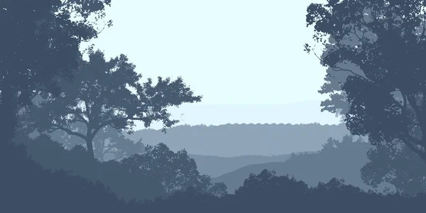 Illustrazione Alberi Nella Nebbia Foresta Profonda Foschia Colline Coperte Piante — Foto Stock