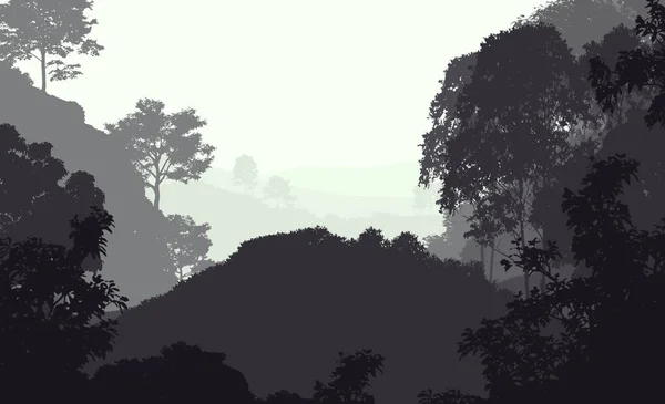 Illustrazione Alberi Nella Nebbia Foresta Profonda Foschia Colline Coperte Piante — Foto Stock