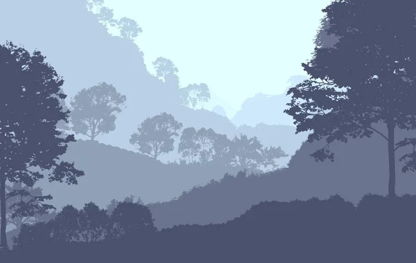 2d illustration. Trees in fog. Deep forest haze. Hills covered by plants and foliage. Shrubs and bushes. Deciduous wood.