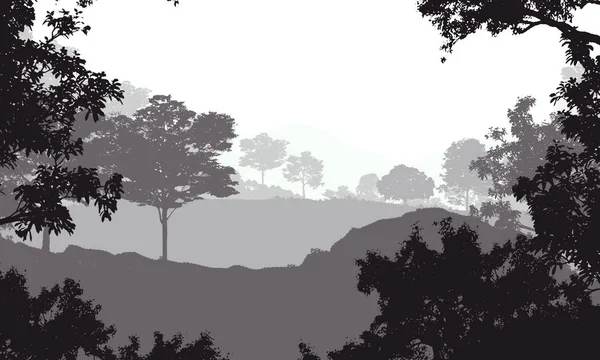 2d illustration. Trees in fog. Deep forest haze. Hills covered by plants and foliage. Shrubs and bushes. Deciduous wood.