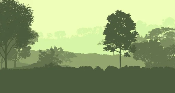 2d illustration. Trees in fog. Deep forest haze. Hills covered by plants and foliage. Shrubs and bushes. Deciduous wood.