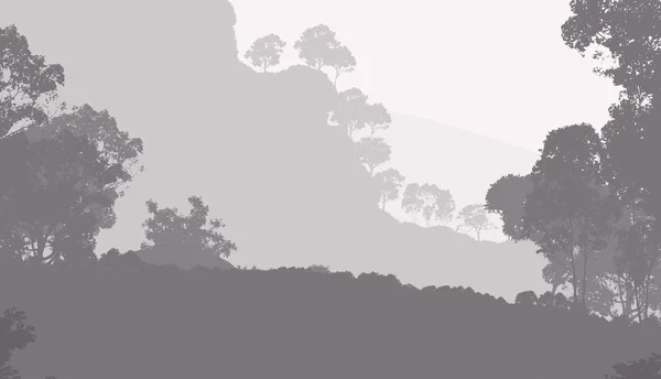 Illustrazione Alberi Nella Nebbia Foresta Profonda Foschia Colline Coperte Piante — Foto Stock