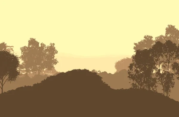 2d illustration. Trees in fog. Deep forest haze. Hills covered by plants and foliage. Shrubs and bushes. Deciduous wood.