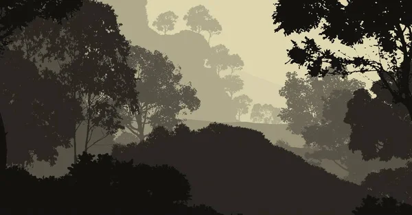 Illustration Des Arbres Dans Brouillard Brume Forêt Profonde Collines Couvertes — Photo