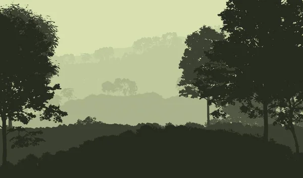 2d illustration. Trees in fog. Deep forest haze. Hills covered by plants and foliage. Shrubs and bushes. Deciduous wood.