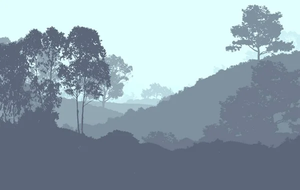 Illustrazione Alberi Nella Nebbia Foresta Profonda Foschia Colline Coperte Piante — Foto Stock