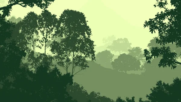 Illüstrasyon Sisteki Ağaçlar Derin Orman Sisi Bitkiler Yapraklarla Kaplı Tepeler — Stok fotoğraf
