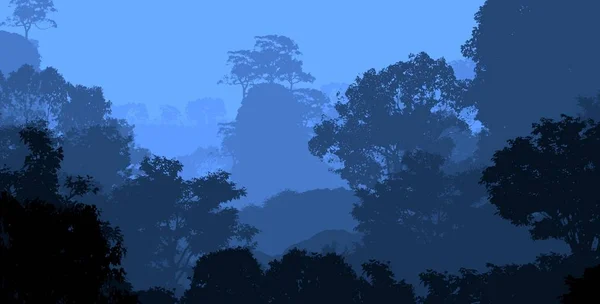 Ilustración Árboles Niebla Niebla Profunda Del Bosque Colinas Cubiertas Por — Foto de Stock