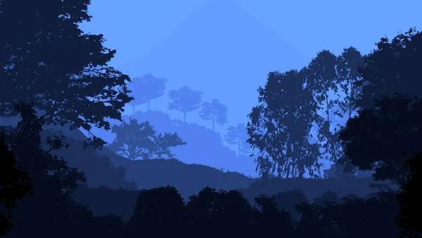 Illustrazione Alberi Nella Nebbia Foresta Profonda Foschia Colline Coperte Piante — Foto Stock