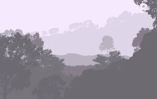 Ilustración Árboles Niebla Niebla Profunda Del Bosque Colinas Cubiertas Por — Foto de Stock