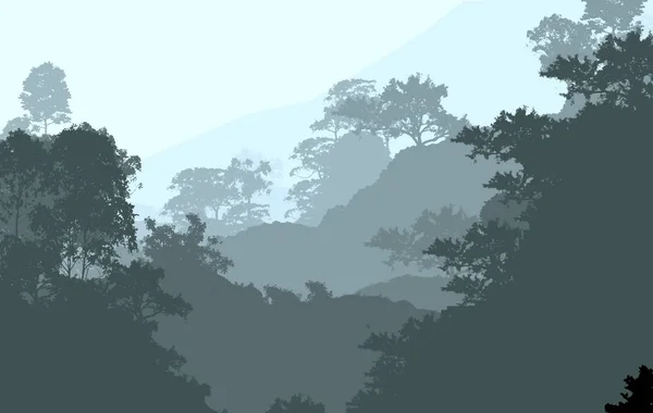 Illustration Des Arbres Dans Brouillard Brume Forêt Profonde Collines Couvertes — Photo