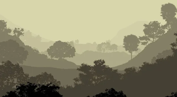 Illustrazione Alberi Nella Nebbia Foresta Profonda Foschia Colline Coperte Piante — Foto Stock