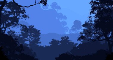 2d illüstrasyon. Sisteki ağaçlar. Derin orman sisi. Bitkiler ve yapraklarla kaplı tepeler. Çalılar ve çalılar. Yaprak döken ahşap. 