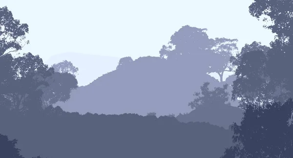 Illustrazione Alberi Nella Nebbia Foresta Profonda Foschia Colline Coperte Piante — Foto Stock