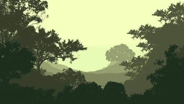 2d illustration. Trees in fog. Deep forest haze. Hills covered by plants and foliage. Shrubs and bushes. Deciduous wood.