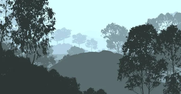 Illustration Des Arbres Dans Brouillard Brume Forêt Profonde Collines Couvertes — Photo