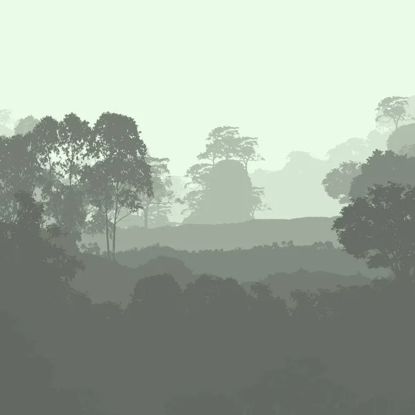 Illustrazione Alberi Nella Nebbia Foresta Profonda Foschia Colline Coperte Piante — Foto Stock