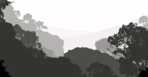 Illustration Des Arbres Dans Brouillard Brume Forêt Profonde Collines Couvertes — Photo