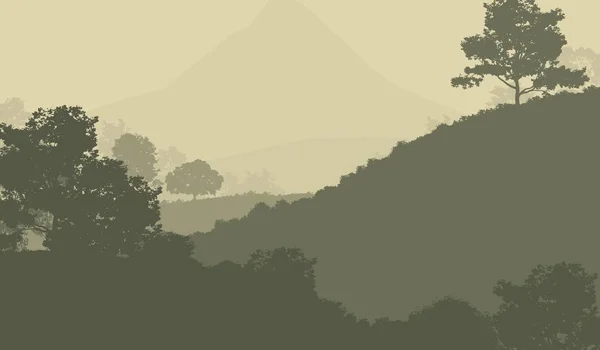 Illustrazione Alberi Nella Nebbia Foresta Profonda Foschia Colline Coperte Piante — Foto Stock