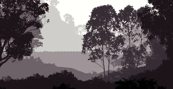 2d illustration. Trees in fog. Deep forest haze. Hills covered by plants and foliage. Shrubs and bushes. Deciduous wood.