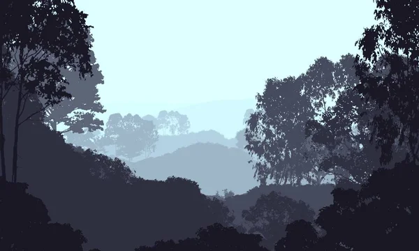 Illustrazione Alberi Nella Nebbia Foresta Profonda Foschia Colline Coperte Piante — Foto Stock