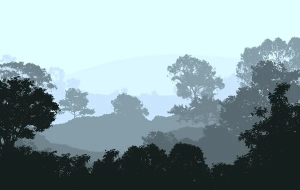 2d illustration. Trees in fog. Deep forest haze. Hills covered by plants and foliage. Shrubs and bushes. Deciduous wood.