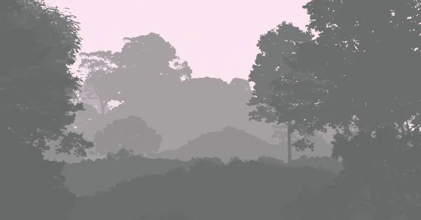 Illustrazione Alberi Nella Nebbia Foresta Profonda Foschia Colline Coperte Piante — Foto Stock