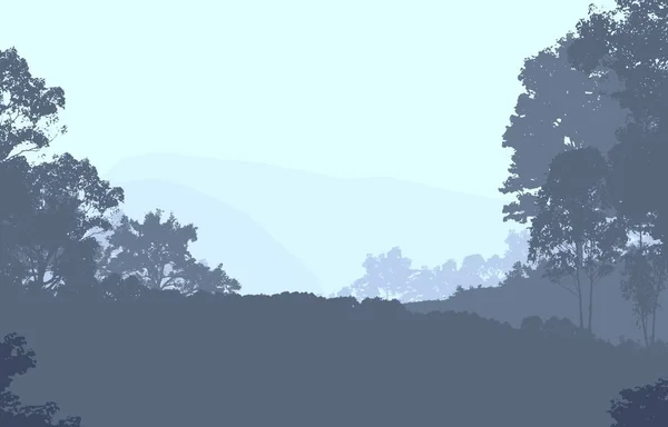 2d illustration. Trees in fog. Deep forest haze. Hills covered by plants and foliage. Shrubs and bushes. Deciduous wood.