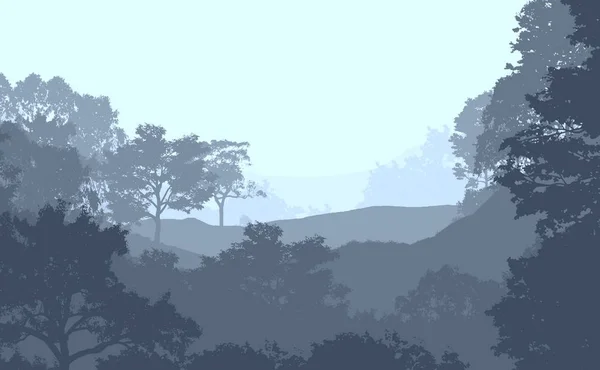 2d illustration. Trees in fog. Deep forest haze. Hills covered by plants and foliage. Shrubs and bushes. Deciduous wood.