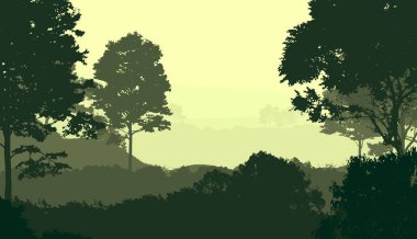 2d illüstrasyon. Sisteki ağaçlar. Derin orman sisi. Bitkiler ve yapraklarla kaplı tepeler. Çalılar ve çalılar. Yaprak döken ahşap. 