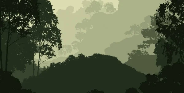 2d illustration. Trees in fog. Deep forest haze. Hills covered by plants and foliage. Shrubs and bushes. Deciduous wood.