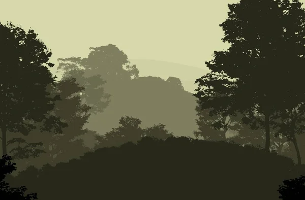 2d illustration. Trees in fog. Deep forest haze. Hills covered by plants and foliage. Shrubs and bushes. Deciduous wood.