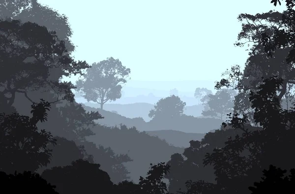 Illustrazione Alberi Nella Nebbia Foresta Profonda Foschia Colline Coperte Piante — Foto Stock