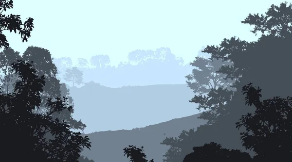 Illustration Des Arbres Dans Brouillard Brume Forêt Profonde Collines Couvertes — Photo