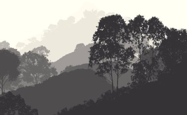 2d illüstrasyon. Sisteki ağaçlar. Derin orman sisi. Bitkiler ve yapraklarla kaplı tepeler. Çalılar ve çalılar. Yaprak döken ahşap. 