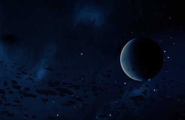 2D çizim. Derin geniş uzay. Parlak yıldızlar, gezegenler, uydular. Çeşitli bilim kurgu yaratıcı arka planlar. Uzay sanatı. Uzaylı güneş sistemleri. Uzaktan. Gerçekçi arka plan derin evren.