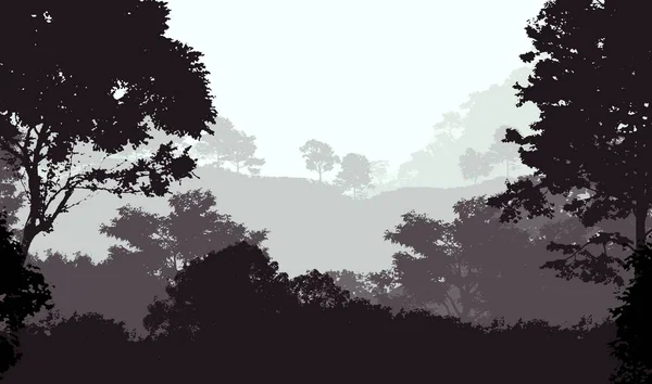 Ilustración Árboles Niebla Niebla Profunda Del Bosque Colinas Cubiertas Por —  Fotos de Stock