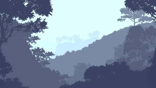 Illustrazione Alberi Nella Nebbia Foresta Profonda Foschia Colline Coperte Piante — Foto Stock