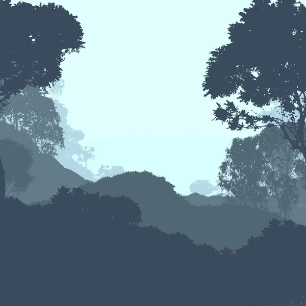 Illustrazione Alberi Nella Nebbia Foresta Profonda Foschia Colline Coperte Piante — Foto Stock