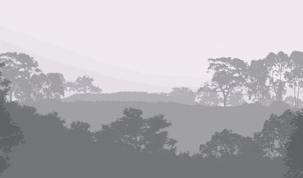 Illustration Des Arbres Dans Brouillard Brume Forêt Profonde Collines Couvertes — Photo