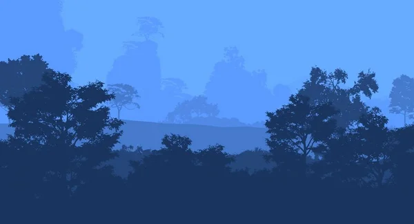 Illustrazione Alberi Nella Nebbia Foresta Profonda Foschia Colline Coperte Piante — Foto Stock