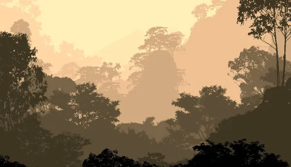 Illustrazione Alberi Nella Nebbia Foresta Profonda Foschia Colline Coperte Piante — Foto Stock