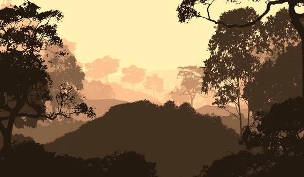 Illustrazione Alberi Nella Nebbia Foresta Profonda Foschia Colline Coperte Piante — Foto Stock