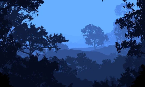 Illustrazione Alberi Nella Nebbia Foresta Profonda Foschia Colline Coperte Piante — Foto Stock