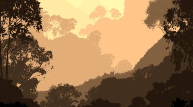 2d illüstrasyon. Sisteki ağaçlar. Derin orman sisi. Bitkiler ve yapraklarla kaplı tepeler. Çalılar ve çalılar. Yaprak döken ahşap. 