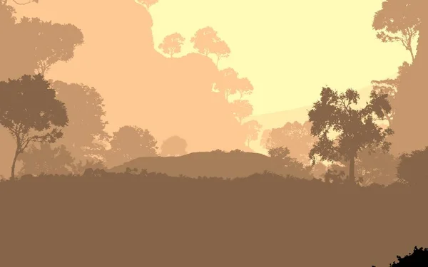 2d illustration. Trees in fog. Deep forest haze. Hills covered by plants and foliage. Shrubs and bushes. Deciduous wood.