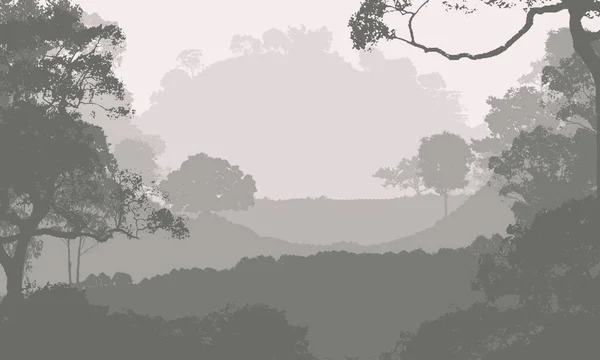 2d illustration. Trees in fog. Deep forest haze. Hills covered by plants and foliage. Shrubs and bushes. Deciduous wood.