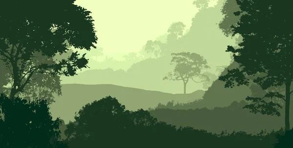 Ilustrace Stromy Mlze Hluboká Lesní Mlha Kopce Pokryté Rostlinami Listím — Stock fotografie