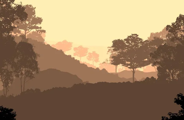 2d illustration. Trees in fog. Deep forest haze. Hills covered by plants and foliage. Shrubs and bushes. Deciduous wood.