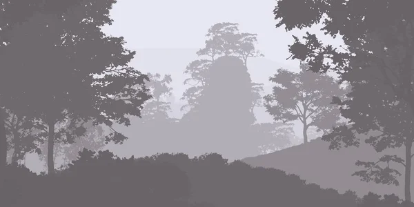 2d illustration. Trees in fog. Deep forest haze. Hills covered by plants and foliage. Shrubs and bushes. Deciduous wood.
